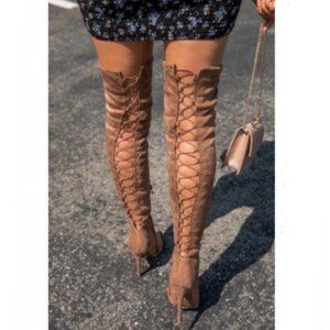 Stretchy Over the Knee Lace Up Boots in Taupe